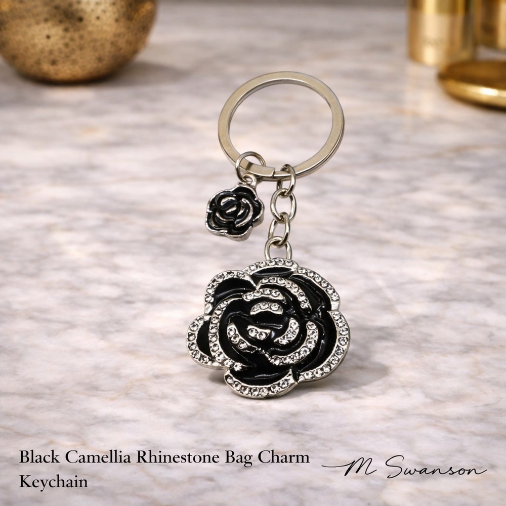 NEW Black Camellia Rhinestone Bag Charm Keychain Silver Tone NWT